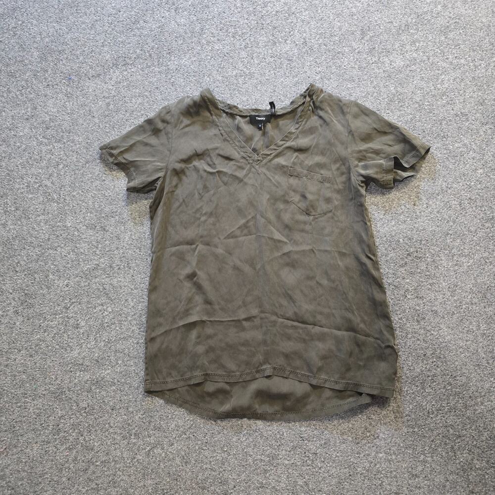 Theory Top Womens Size Medium Green Silk V Neck Short Sleeve Capsule Minimalist